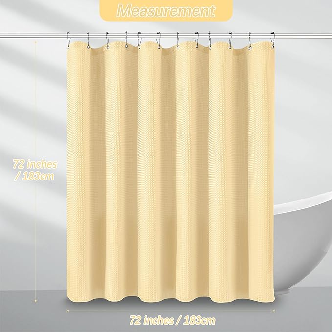 PANGSINNE Beige Shower Curtain 256GSM Heavy Duty Waffle Woven Bathroom Shower Curtains, Weighted Fabric for Hotel Spa Luxury Polyester Bath Curtain with 12 Hooks, 72Wx72H