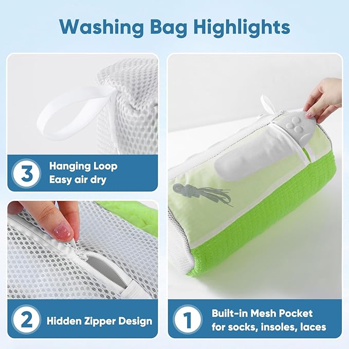 M-Better Shoe Washing Bag 2Pack - Reusable Shoe Laundry Bag with Mesh Socks Washer Machine Bag - 360°Deep Protective Cleaning Bags for Sneakers Delicate Footwear - Home Dorm Travel Essentials, Green