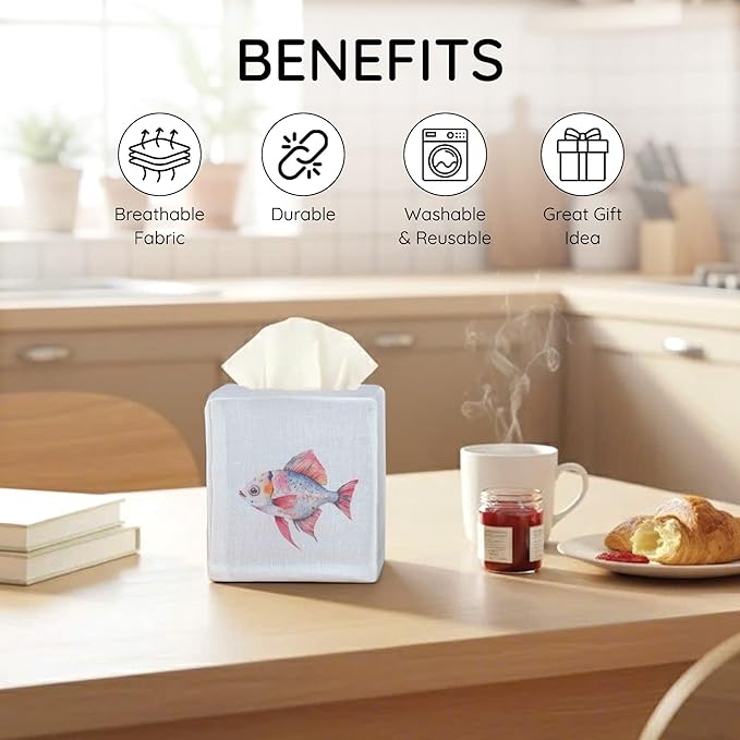 EmbroideryLinen.VN Tissue Box Cover Set of 2, Square Linen Tissue Holder, Printed Animal Pattern, 4.5x4.5x5.5 Inches, Decorative Holder for Bathroom, Living Room, Office (Fish)