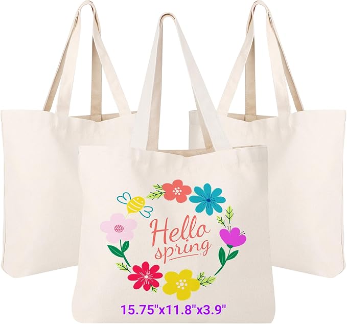 Segarty Small Canvas Tote Bag for Women, 3 Pack 15.75x11.8x3.9 Blank Canvas Tote Bags, Reusable Tote Bag with Natural Cotton and Shoulder Strap, Bulk for DIY, Grocery Shopping, Beach, Travel，Gift
