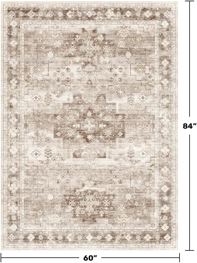 Washable Neutral Farmhouse Bedroom Rug, 5x7 Area Rugs for Living Room, Nursery Room, Boho Vintage Floral Non-Slip Rug Low Pile Stain Resistant (5x7 Beige/Latte)