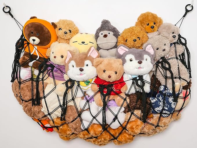 Large Stuffed Animal Net Hammock Macrame Toy Diaplay Plush Toy Holder Ceiling Hanging Net for Stuffed Animal Storage Kid Bedroom Boho Nursery Decor (Black, 49" W)