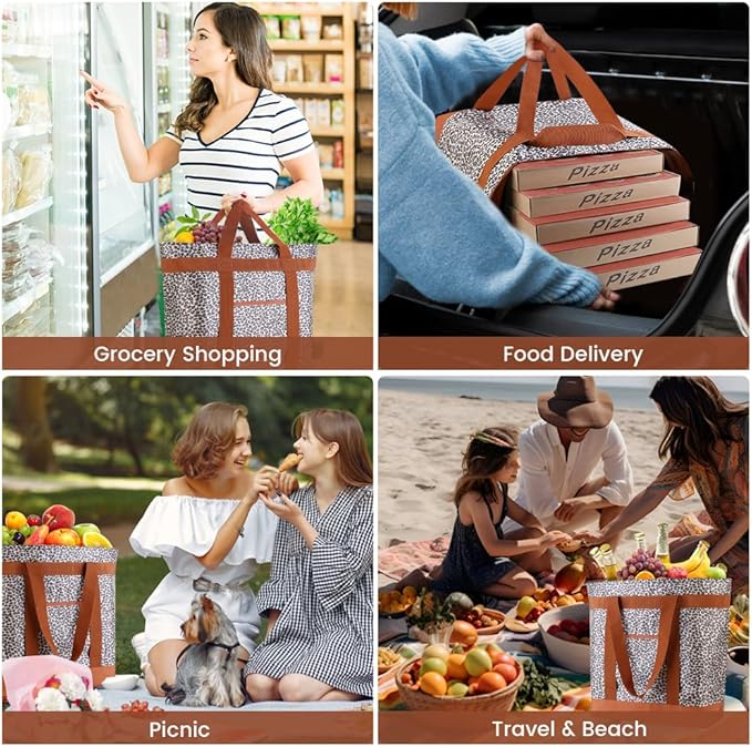 Reusable Grocery Tote Bags, Insulated Cooler Shopping Bag for Women/Men, Pizza/Food Delivery Bags to Keep Food Hot/Cold for Commercial Food Transport, Cooler Bag for Travel/Beach/Picnic, Cow Print