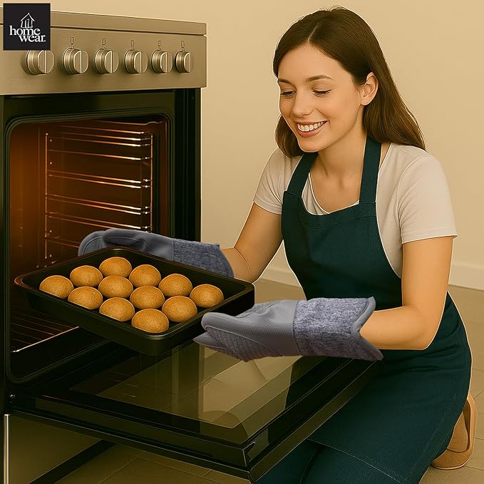 Homewear Marlow Silicone Extra Long Oven Mitt 2 Piece Set, Heat and Slip Resistant, Recycled Cotton with Soft Lining, Thick Kitchen Gloves for Cooking, Slate