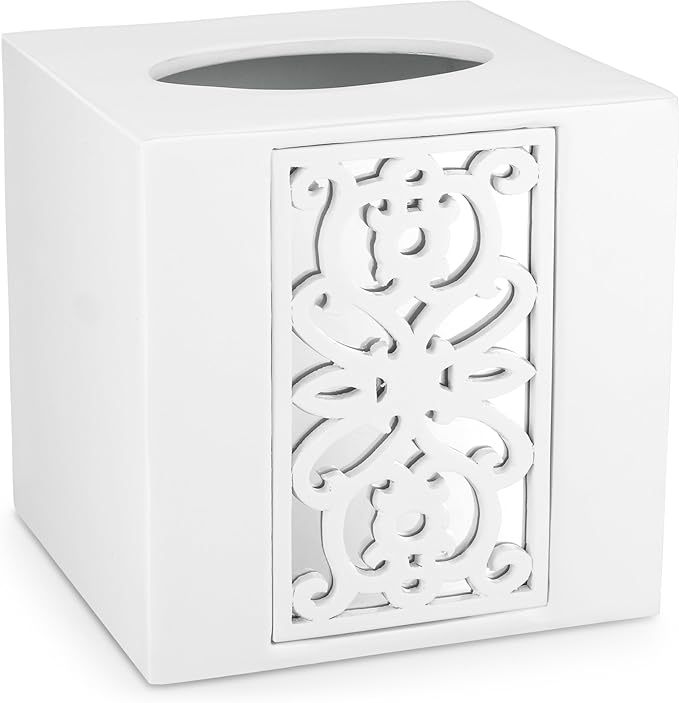 Creative Scents Mirror Janette White Tissue Box Cover Square - Decorative Square Tissue Box Holder for Bathroom with Durable Bottom Slider - Beautiful Mirrored Tissue Holder for Bathroom