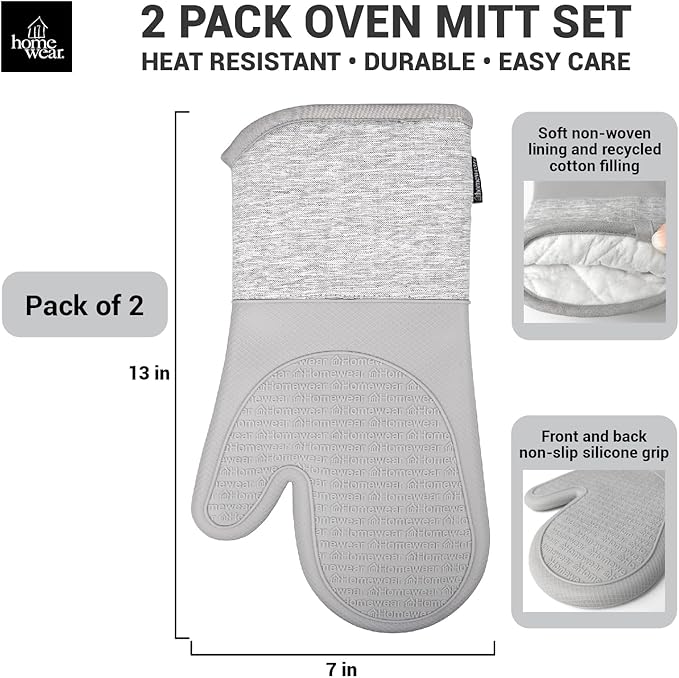 Homewear Marlow Silicone Extra Long Oven Mitt 2 Piece Set, Heat and Slip Resistant, Recycled Cotton with Soft Lining, Thick Kitchen Gloves for Cooking, Grey