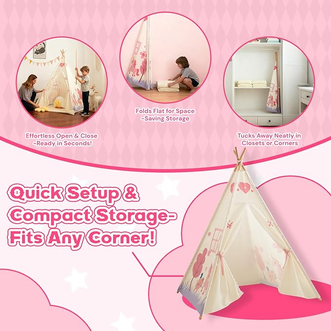 Duwenem Teepee Tent for Kids, Play Tent with Padded Mat & Star Lights, Indoor Play Tent for Girls & Boys, Pink Unicorn