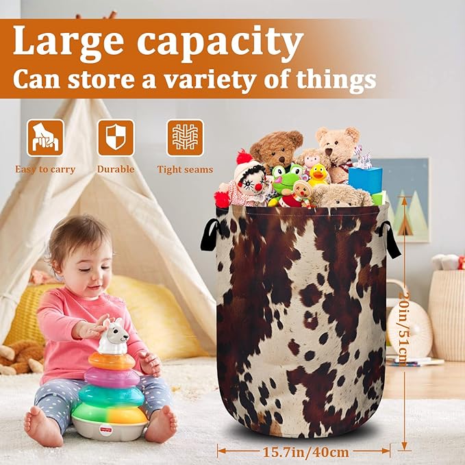 Brown Cow Skin Print Laundry Basket with Sturdy Handles, Nature Cowhide Collapsible Oxford Cloth Laundry Hamper Organizer Basket for Bathroom Bedroom 15.7x20 Inch