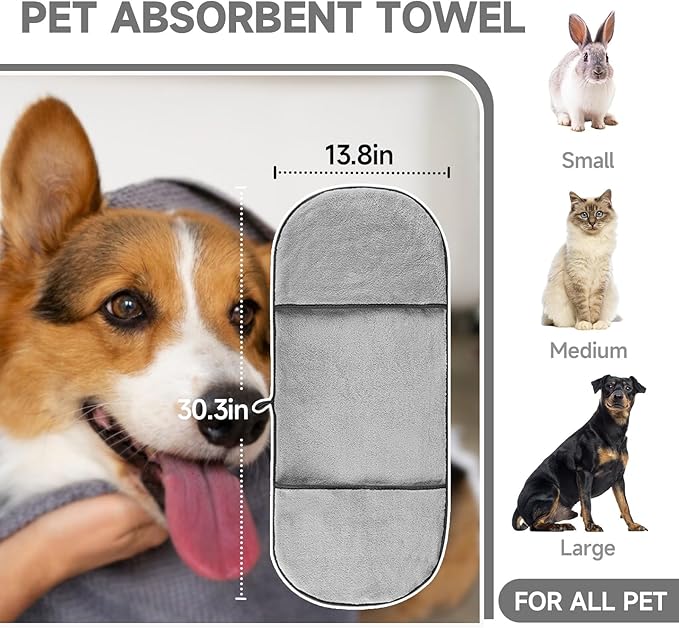 KUEIOX Dog Washing Gloves - Quick Drying Dog Towel,Cat Bath Grooming Gloves Brush with High-Density Teeth for Bathing Massaging，Absorbent Pet Bath Towel 30.3"x13.8" with Hand Pocket for Dog Cat Grey