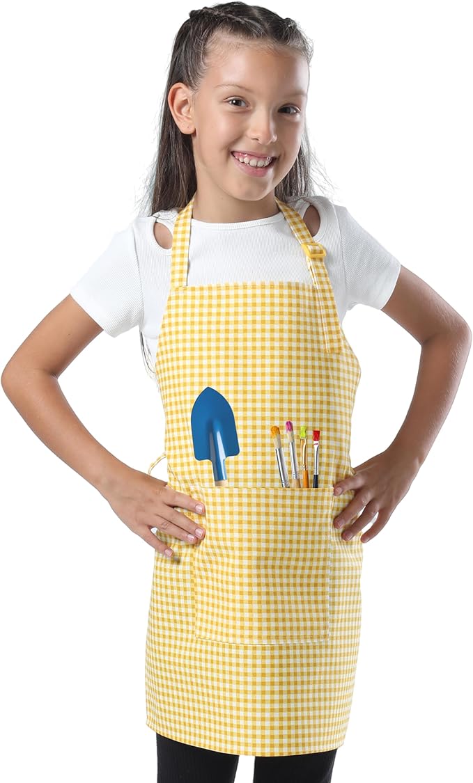 Kids Aprons for Cooking Waterdrop Resistant Aprons for Girl & Boy Toddler Apron for Painting, Gardening, Baking, Smock (Plaid Yellow, Medium (6-10 years)