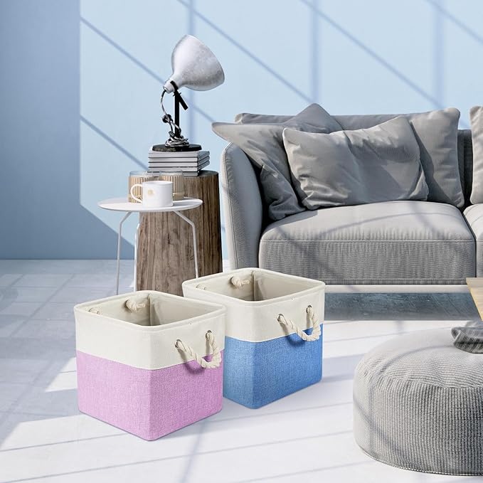 Geiserailie 6 Pcs 11 x 11 Inch Cube Storage Bins Fabric Storage Organizer Bins Foldable Cube Baskets with Sturdy Carry Handles Wicker Baskets for Home(Macaron Color)