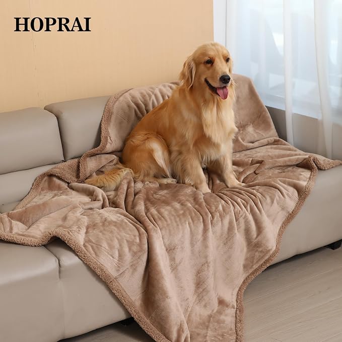 HOPRAI Dog Blanket, Waterproof Reversible Sherpa Fleece Throw Blanket, Furniture Cover for Bed, Couch, Sofa Protection from Liquid Pee and Pet Fur of Puppy, Cat (Light Coffee S28*39inches)