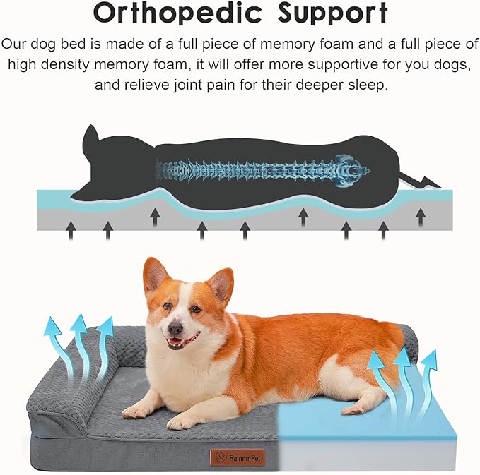Rainmr Orthopedic Dog Beds for Large Dogs, Memory Foam Dog Beds Large Sized Dogs, Washable Removable Cover, Nonskid Bottom, Waterproof, for Indoor, Outdoor, Crate ＆ Car Use, 36x27x6 Inches, Dark Grey