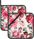 2-Pack Pink Rose Pot Holders for Kitchen Heat Resistant - Vintage Quilted Potholders for Kitchens - Washable Potholder for Cooking & Baking & Microwave