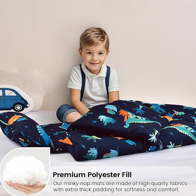 david's kids Toddler Nap Mat Set with Removable Pillow, Ultra Soft Slumber Bags for Boys, Perfect for Preschool, Daycare, Kids Sleeping Bags with Rollup Design, 50"x20", Dinosaur