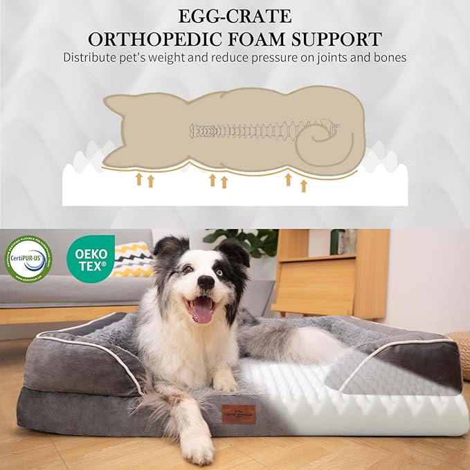 Comfort Expression Orthopedic Dog Bed for Extra Large Dogs 53x42 Inch, Waterproof Supportive Egg Crate Foam XXL Pet Bed with Removable Bolsters, Dog Couch with Washable Cover & Non-Slip Bottom, Grey