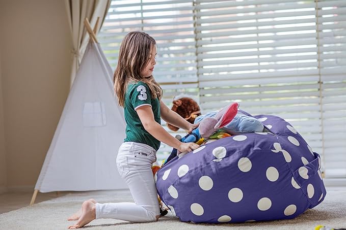 WEKAPO Stuffed Animal Storage Bean Bag Chair Cover for Kids | Stuffable Zipper Beanbag for Organizing Children Plush Toys Large Premium Cotton Canvas (Navy Dot, X-Large)