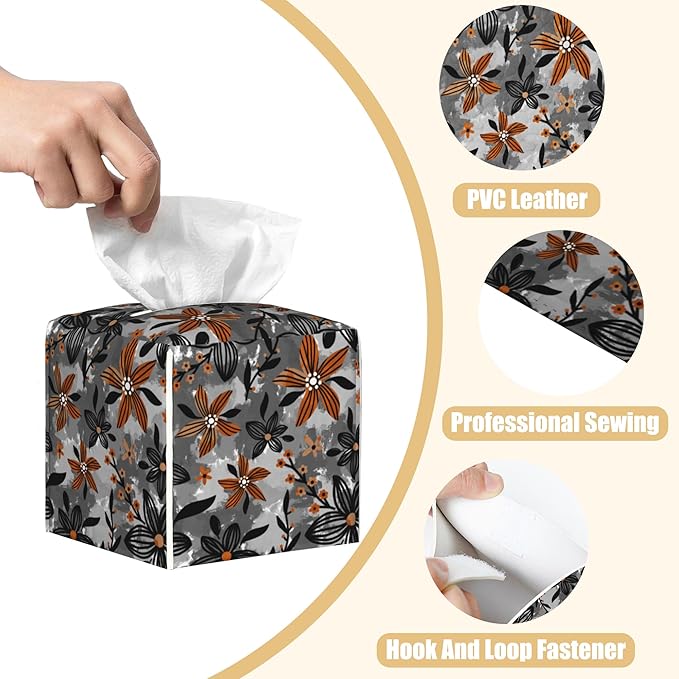 Dark Style Leather Tissue Box Holder Striped Flowers Branches Tissue Box Cover Facial Paper Case Organizer Cube Napkin Dispenser for Bathroom Vanity Countertop Night Stand Office Car
