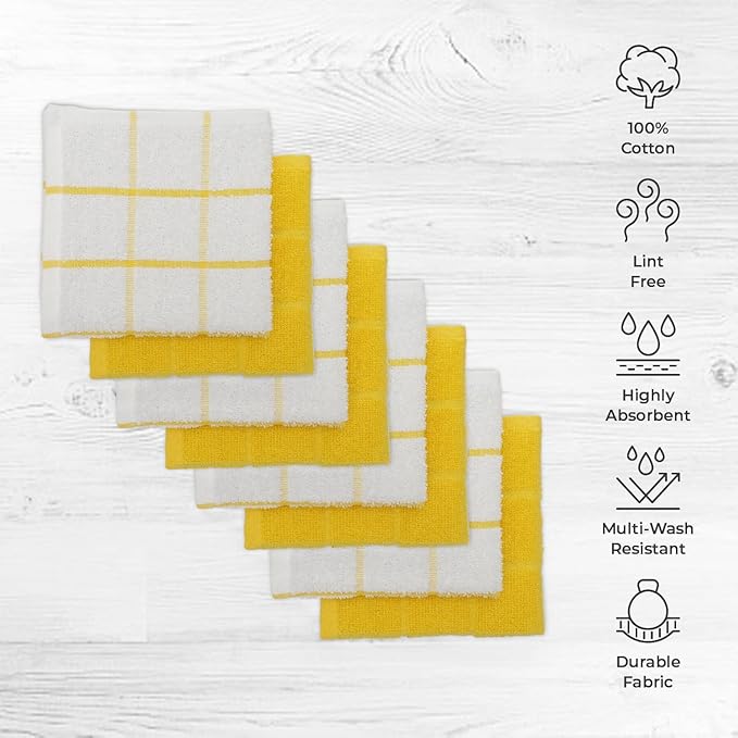 Mellow Buff 100% Cotton Terry Dish Cloth & Dish Towel, 6 Pack, Super Soft and Absorbent Kitchen Towels, Perfect for Kitchen Cleaning and Dish Washing (Yellow (Solid and Checks) 8 Pack)