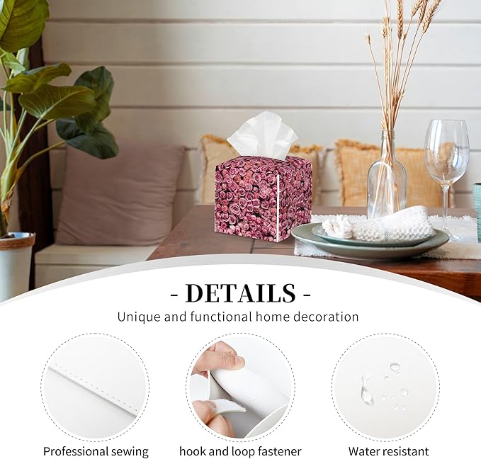 POIUBLE Pink Rose Flower Tissue Box Cover Leather Tissue Box Holder Square Facial Paper Organizer Dispenser for Bathroom Kitchen Bedroom Vanity Countertop Night Stands
