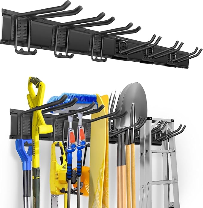 WEZAFO Garden Tool Organizer Wall Mount, Heavy Duty 48 Inches Garage Organization and Storage Racks for Yard Tools with 6 Hooks, Tool Hangers Holders for Hanging Folding Chair, Rake and Shovel