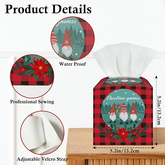 Christmas Gnomes Tissue Box Cover, Leather Tissue Holders Decorative for Home Office Kitchen Bathroom Organizer, Square Facial Paper Organizer Christmas Table Decor -037
