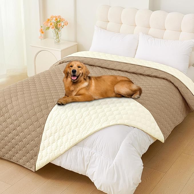 Smiry Waterproof Dog Bed Cover Blanket, Soft Reversible Pet Blanket, Washable Leakproof Cats Dogs Couch Cover for Sofa, Couch, Furniture, Plaid (82x102 Inch, Camel/Beige)