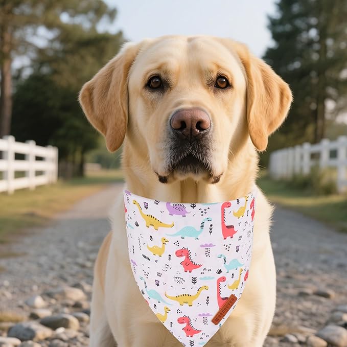ADOGGYGO Dinosaur Dog Bandanas, Colorful Dino Pattern Pet Scarf, Premium Soft Fabric, Adjustable Fit Dinosaur Bandanas for Medium Large Dogs (Large)