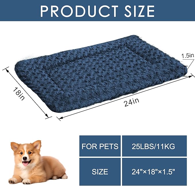 WITTOP Washable Dog Bed Plush Orthopedic Outdoor Crate Mat with Non-Slip Bottom,Luxe Soft Kennel Pad for Pets, Cozy Cage Cushion & Pet Sleeping Mattress Large Sized,Medium,Small Dogs,24 x 18 inch,Blue