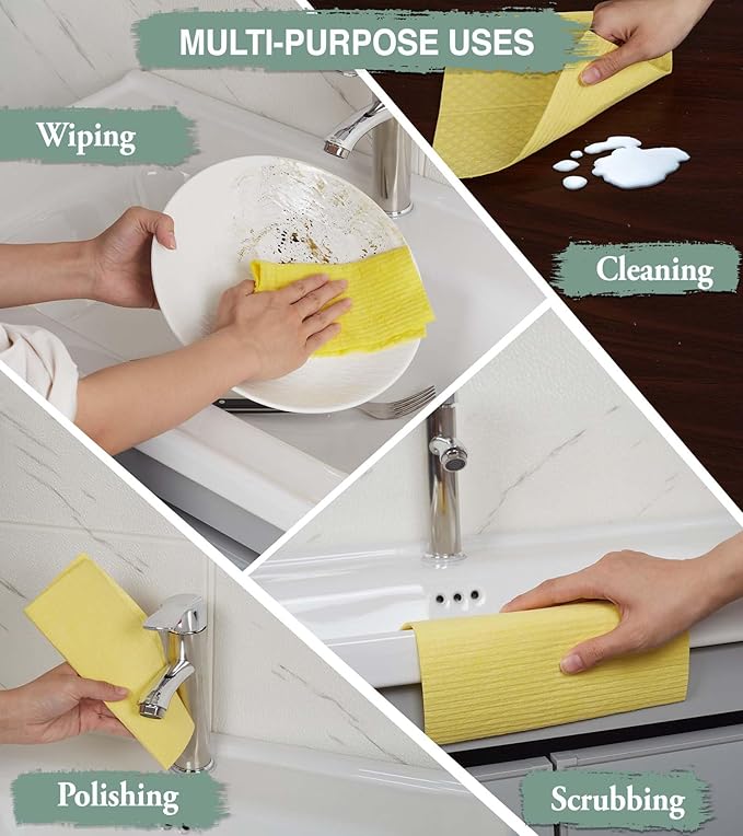 Solvra 10 PCS Swedish Dishcloths for Kitchen 100% Biodegradable | Reusable Cellulose Sponge Cloths | Ultra Absorbent, Eco-Friendly Cleaning Towels | Dishcloths for Washing Dishes & General Cleaning