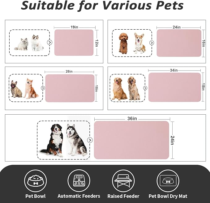HotLive Dog Food Mat - Absorbent Cat Mat for Food and Water, No Stains Pet Feeding Bowl Mat, Easy to Clean Pet Placemats, Quick Dry Dog Water Dispenser Mat for Messy Drinkers | Pink 18"x34"