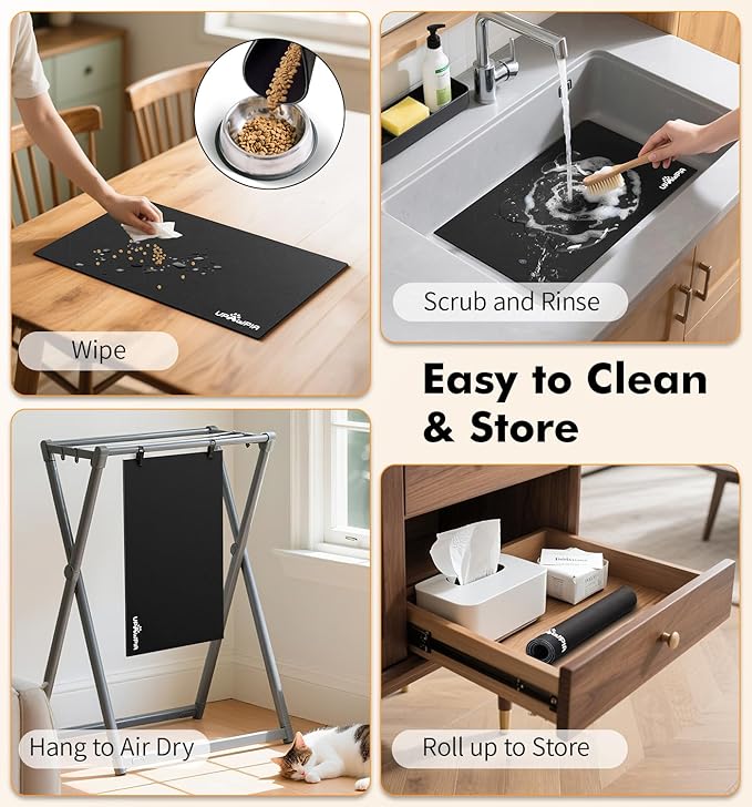 UPAWPIA Pet Food Mat Absorbent Cat Food Mat Dog Mat for Food and Water Quick Dry No Stains Dog Feeding Mat Placemat for Messy Drinkers Cat Food Mats for Indoor Cats Bowl Mat Pet Supplies 12"X20" Black