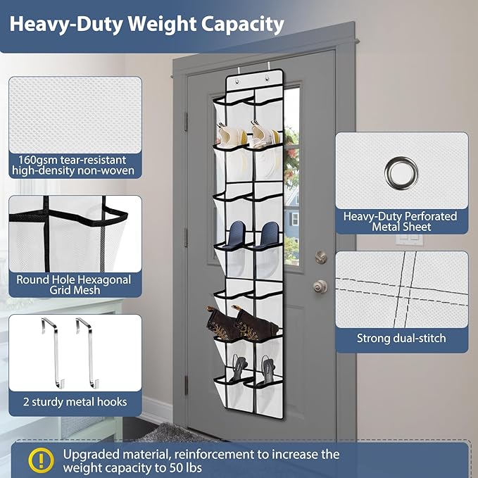 Makryebi Door Shoe Organizer with 14 Mesh Pockets, 59”H x 11.8”W inches, Clear Storage Pockets, 2 Pack, White
