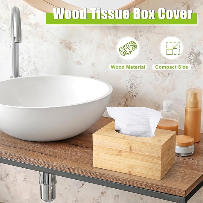 Rectangular Tissue Box Cover, Bamboo Tissue Box Cover Rectangle Tissue Box with Slide-Out Bottom Decorative Cube Facial Tissue for Bathroom Bedroom Dinner Table Office Tabletop