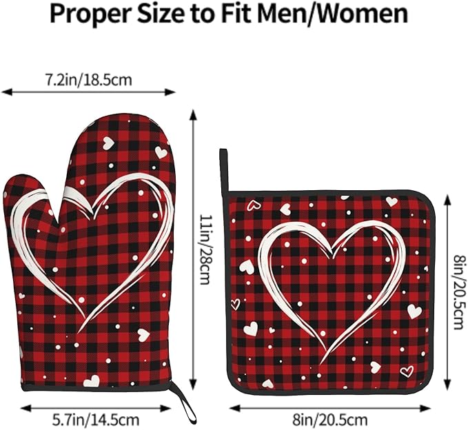 Buffalo Plaid Love Hearts Oven Mitts and Pot Holders Set of 2，Black Red Heat Resistant Kitchen Gloves Hot Pads Farmhouse Accessories Gift Gloves Potholders for Cooking Grilling and Baking