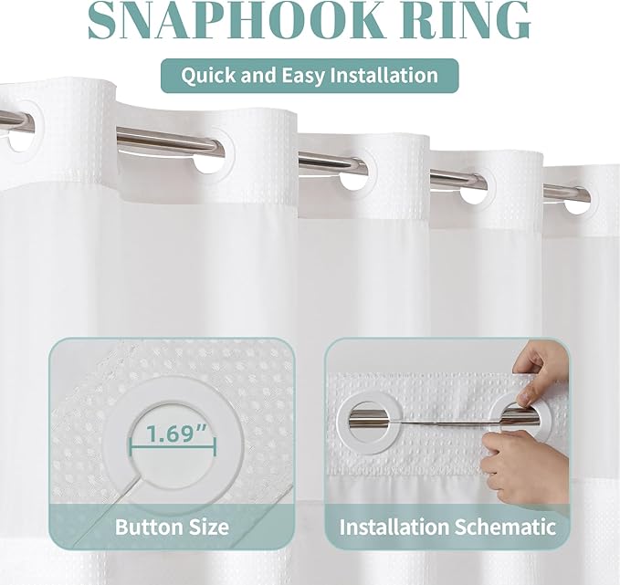 eachope White No Hook Waffle Weave Shower Curtain with snap-in Liner Replacement, 230GSM Waterproof Fabric Hotel Shower Curtain Set for Bathroom, Through Mesh Top Window,71Wx92H