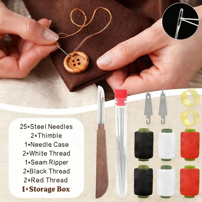 37pcs Big Eye Steel Needles Sewing Hand Tool Kit with Storage Box,Stainless Steel Needles Sewing Kit,Portable Sewing Working Kit,Needles Thread Hand Repair Tools for Beginners,Home,Handcraft Lovers