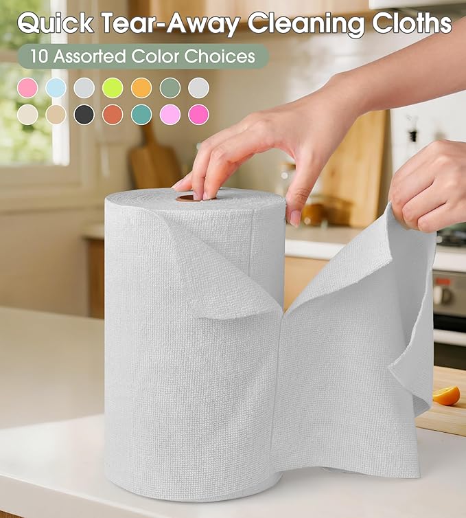 KitchLife Microfiber Cleaning Cloth Roll, 100 Pack - Tear-Away Microfiber Paper Towels, Lint-Free, Reusable, Washable for Kitchen, Car, Dishes, and Sensitive Surfaces (Light Gray)