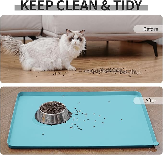 Reopet Waterproof Pet Feeding Mat with High Raised Edges, Heavier and Thicker Placemats for Cat Dog Water Bowl with BPA Free, Dogs Cats Food Mats for Messy Drinkers to Prevent Spill and Protect Floors