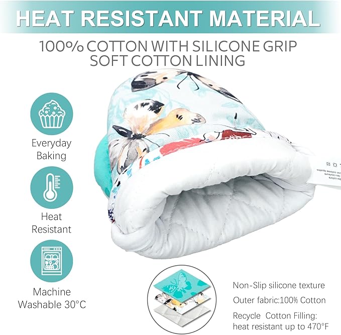 Mini Oven Mitts,2pk - Silicone Little Kitchen Gloves, Heat Resistant with Non-Slip Grip and Soft Quilted Cotton Lining for Safe Backing Cooking Barbecue (Turquoise, Butterfly)
