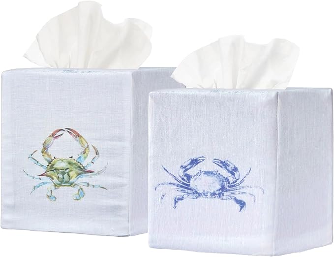 EmbroideryLinen.VN Tissue Box Cover Set of 2, Square Linen Tissue Holder, Printed Animal Pattern, 4.5x4.5x5.5 Inches, Decorative Holder for Bathroom, Living Room, Office (Blue & Green Crab)