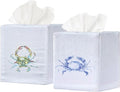 EmbroideryLinen.VN Tissue Box Cover Set of 2, Square Linen Tissue Holder, Printed Animal Pattern, 4.5x4.5x5.5 Inches, Decorative Holder for Bathroom, Living Room, Office (Blue & Green Crab)
