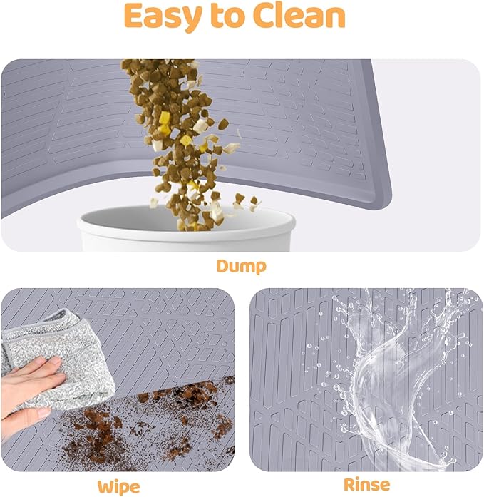 Bartuke Cat Food Mat with Toy Ball, 34'' x 22'' Extra Large Silicone Pet Feeding Mat with Raised Edge Pet Placemat for Food and Water Bowl Non-Slip, Easy to Clean, Floor Protection (Grey)