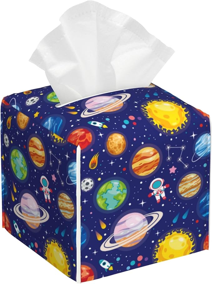 POIUBLE Leather Tissue Box Holder Solar System Universe Planet Tissue Box Cover Square Waterproof Tissue Holder Organizer Modern Napkin Holder for Bedroom Dresser Night Stand Office Desk