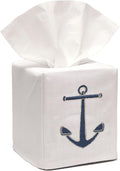 Jacaranda Living Square Tissue Box Cover, Linen/Cotton Fabric Tissue Holder, Decorative Cloth Tissue Cube Cover, Coastal Designs Standing Anchor (Navy)