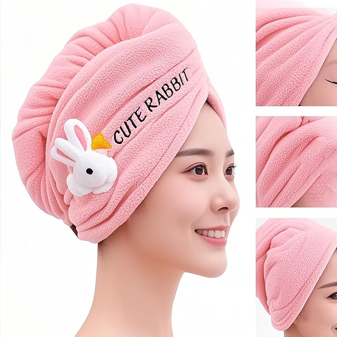 AGKXHDEC 1 Pack Double Layer Microfiber Hair Towel, Hair Turbans for Wet Hair，Pink with Rabbit