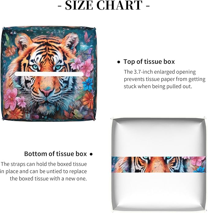 POIUBLE Leather Tissue Box Holder Tiger with Flowers Tissue Box Cover Square Waterproof Tissue Holder Organizer Modern Napkin Holder for Bedroom Dresser Night Stand Office Desk