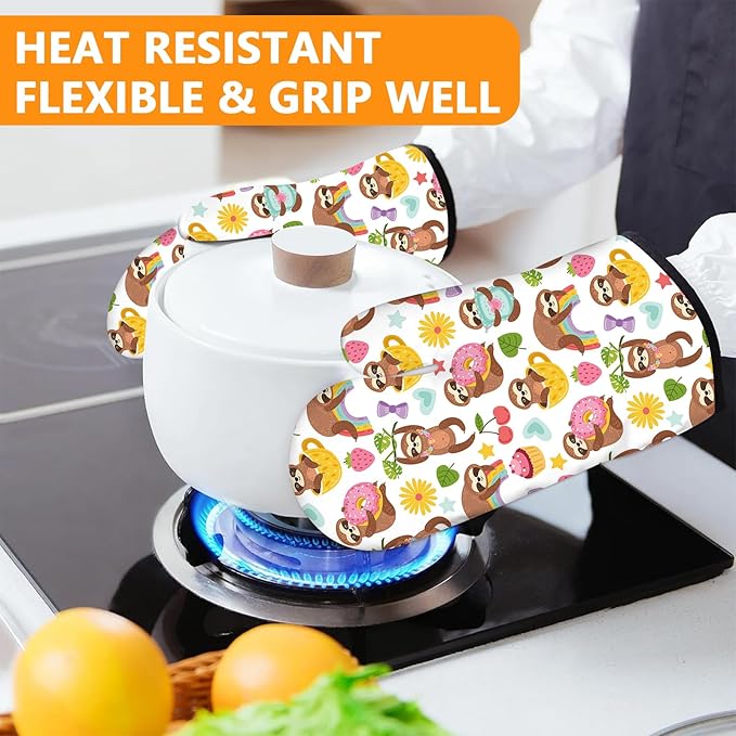 Cute Sloth Oven Mitts and Pot Holders Sets 4Pcs,Extra Long Oven Gloves Potholder for Kitchen Cooking Baking BBQ 100% Cotton Heat Resistant