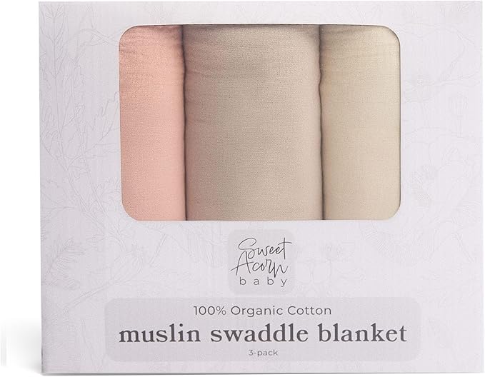 Sweet Acorn Muslin Swaddle Blanket – Soft Cotton Muslin Baby Blanket for Newborns, Infants, and Toddlers, All-Season Comfort Baby Essential - Pink, Grey and Beige