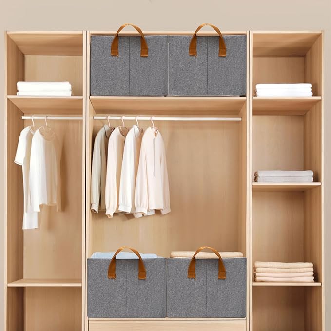SNWDN 6 Pack Closet Cloth Storage Bins for Shelves,Large Storage Baskets for Shelves, Fabric Bins for Closet organization with Handles（Grey 17''L x 12.6''W x 7.5''H）